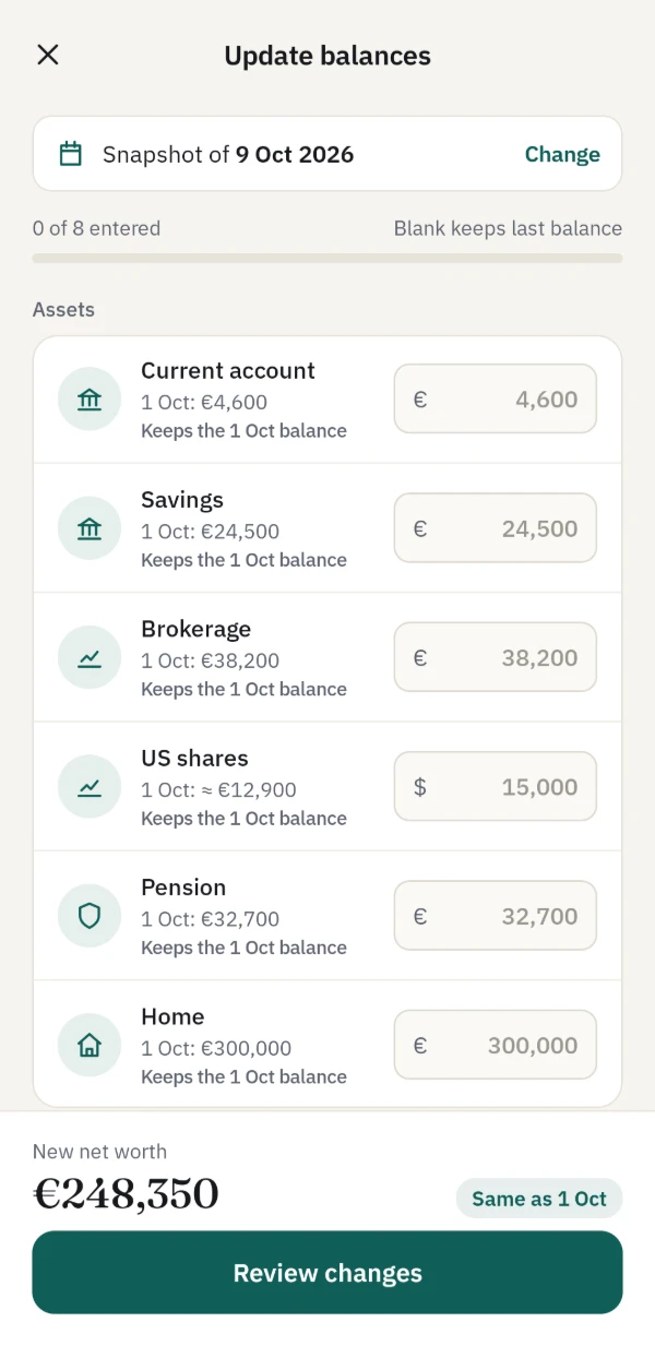 Update balances on Android, with each account’s last balance ready to keep or change